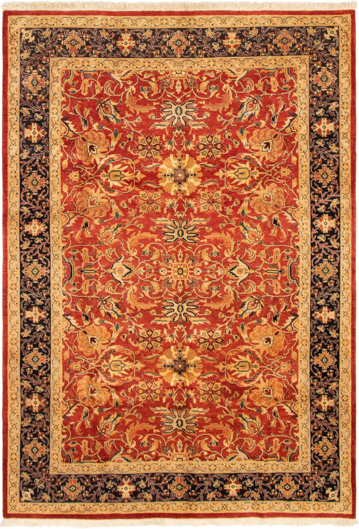Finest Khal Mohammadi Bordered Red Rug 4'1 x 6'4 Bedroom Hand-Knotted Wool Rug eCarpet Gallery Area Rug for Living Room 357264 