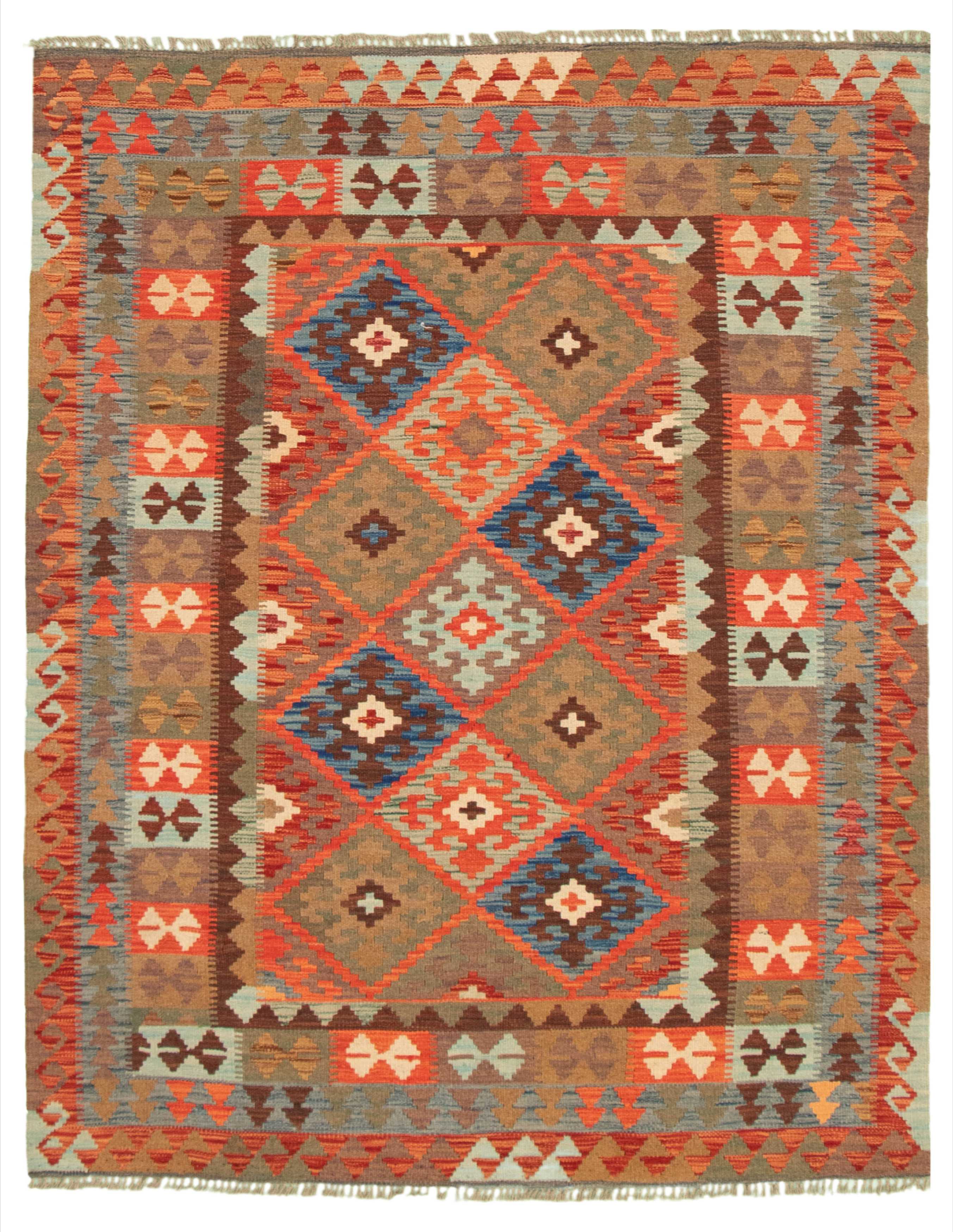 Bedroom eCarpet Gallery Area Rug for Living Room 346280 Bold and Colorful Bordered Red Kilim 4'2 x 6'6 Hand-Knotted Wool Rug 