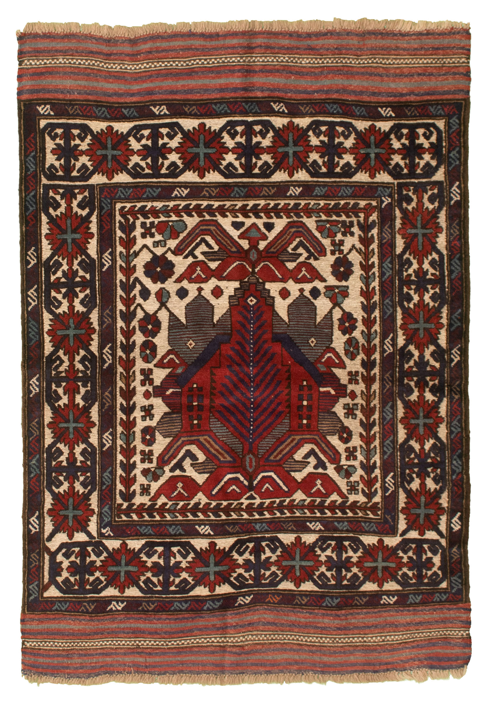 Hand-Knotted Wool Rug Tajik Caucasian Bordered Ivory Rug 4'2 x 6'1 eCarpet Gallery Area Rug for Living Room Bedroom 347123 